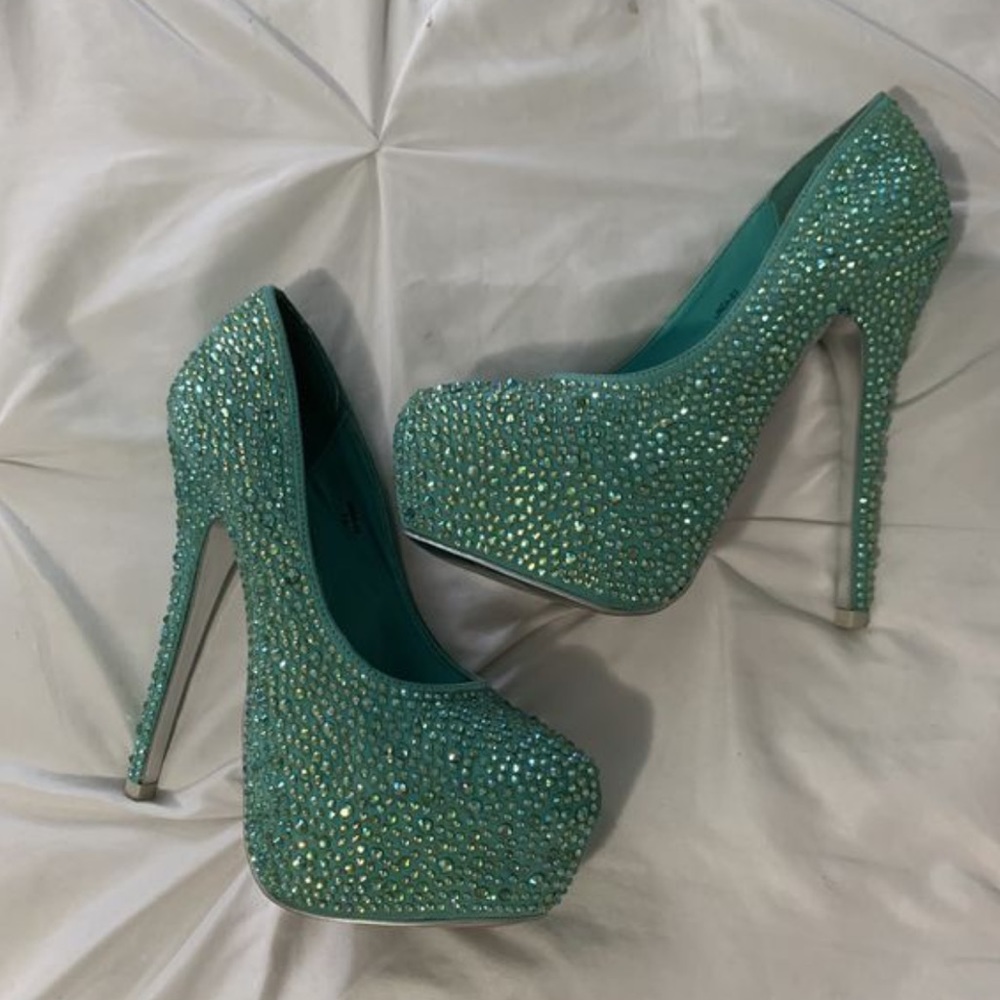 Teal bedazzled heels